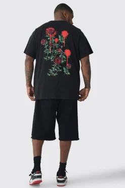 Plus Rose Floral Back Print T-shirt | UK^boohooMAN Clearance