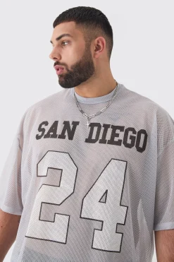 Plus San Diego Printed Varsity Mesh Basketball T-shirt In | UK^boohooMAN Outlet