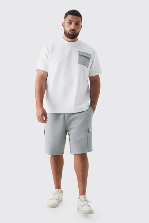 boohooMAN Plus Scuba Extended Neck Pocket T-shirt & Cargo Short Set | UK| Shorts