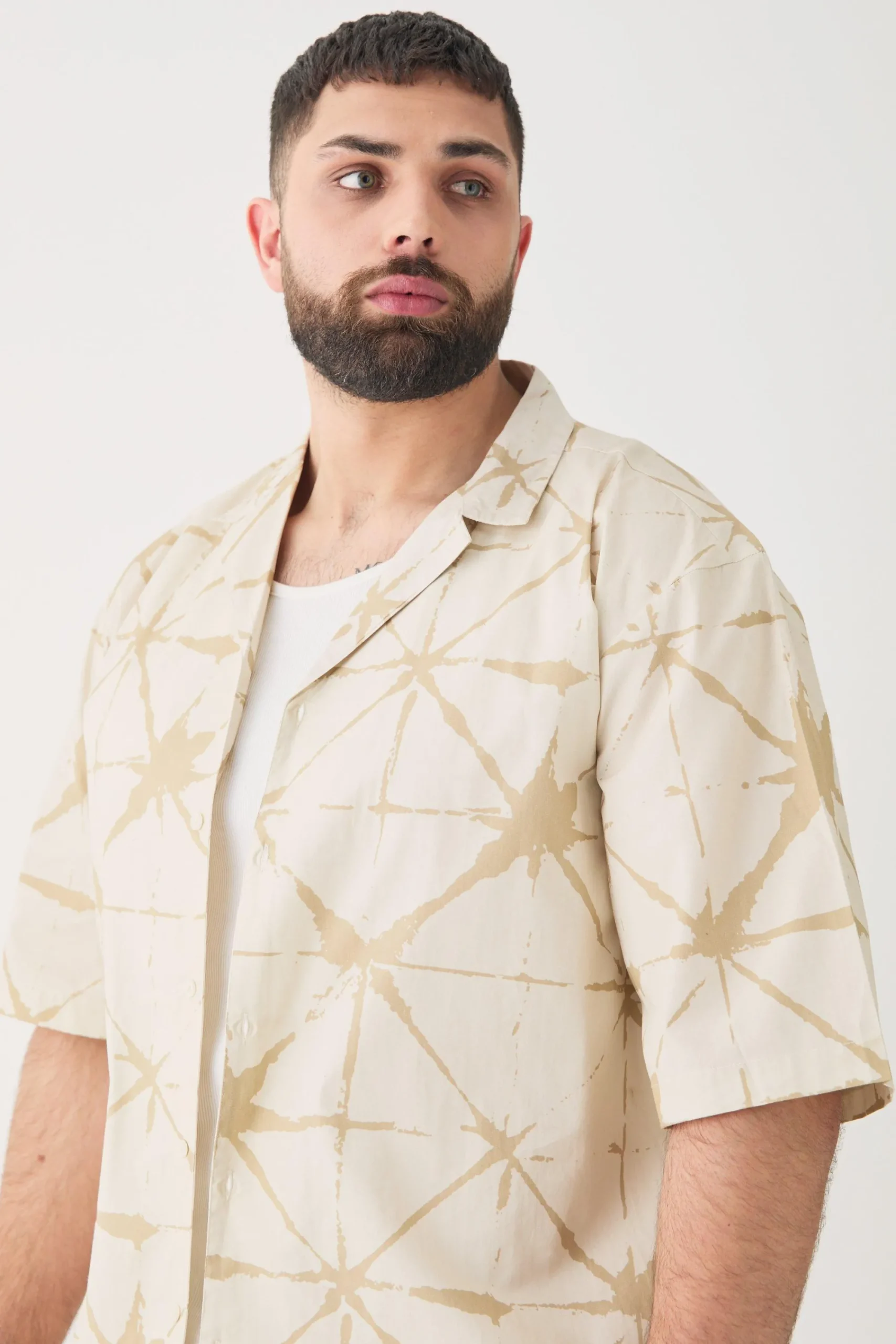 boohooMAN Plus Short Sleeve Drop Revere Abstract Poplin Print Shirt | UK| Shirts
