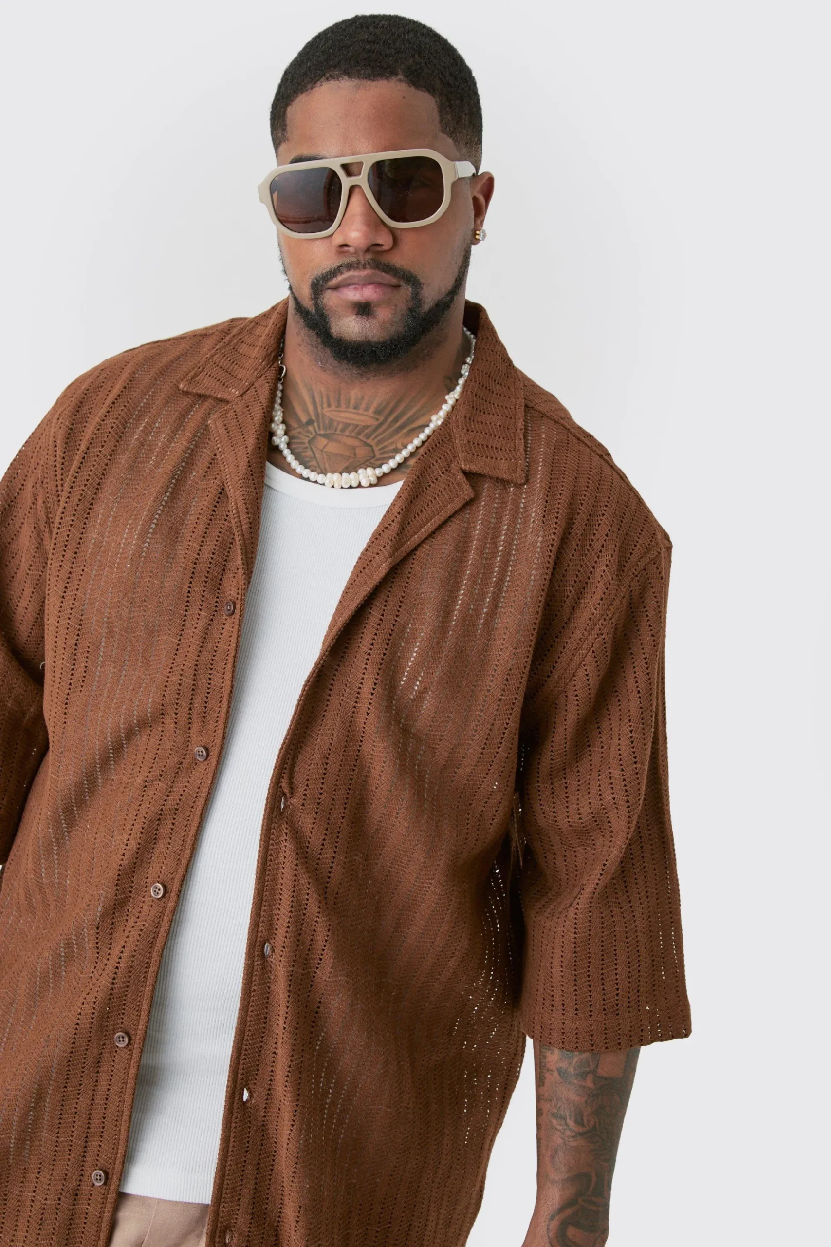boohooMAN Plus Short Sleeve Drop Revere Open Weave Shirt | UK| Shirts