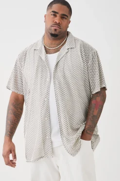 boohooMAN Plus Short Sleeve Oversized Revere Abstract Open Weave Shirt | UK| Shirts