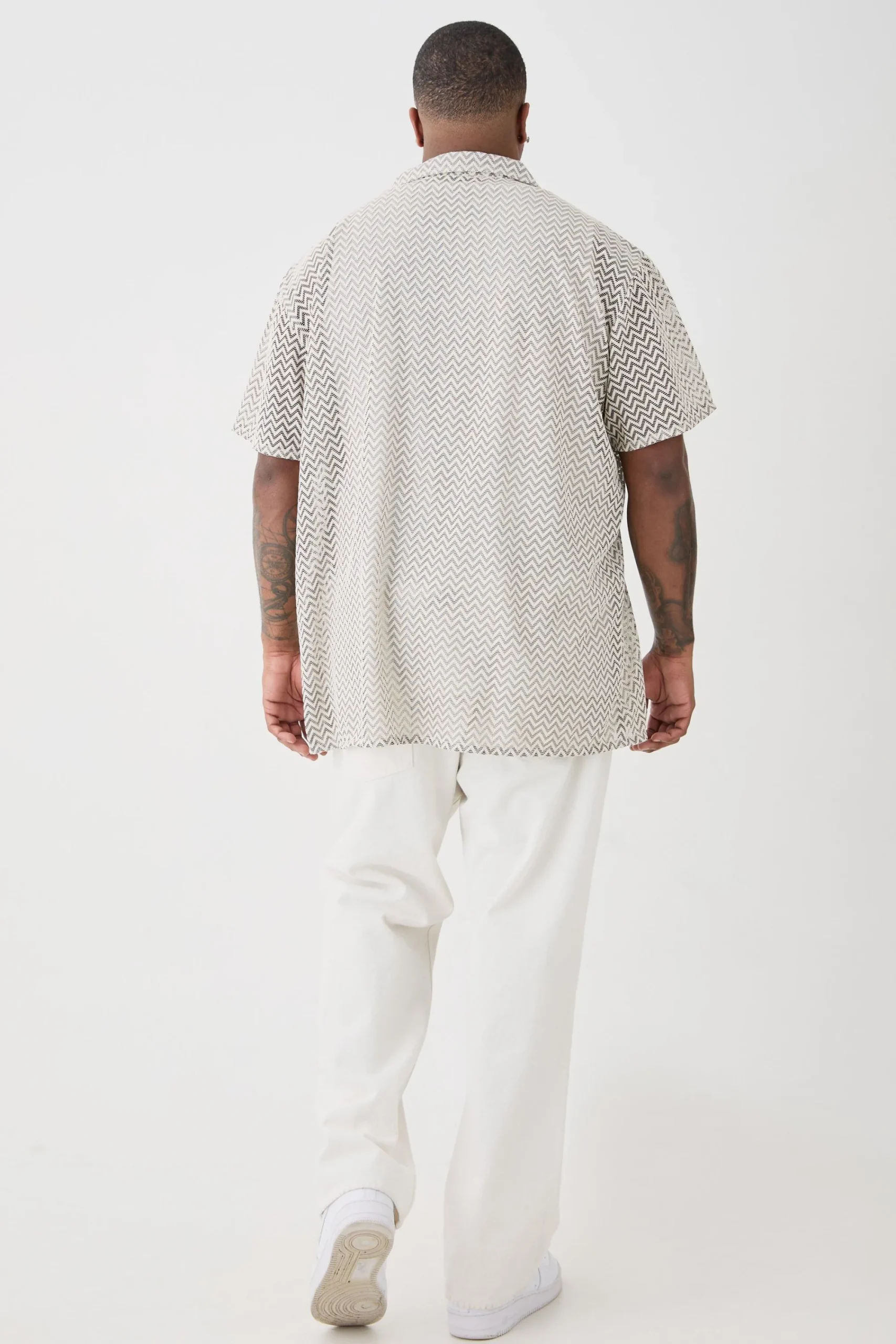 boohooMAN Plus Short Sleeve Oversized Revere Abstract Open Weave Shirt | UK| Shirts