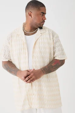 boohooMAN Plus Short Sleeve Oversized Revere Abstract Open Weave Shirt | UK| Shirts