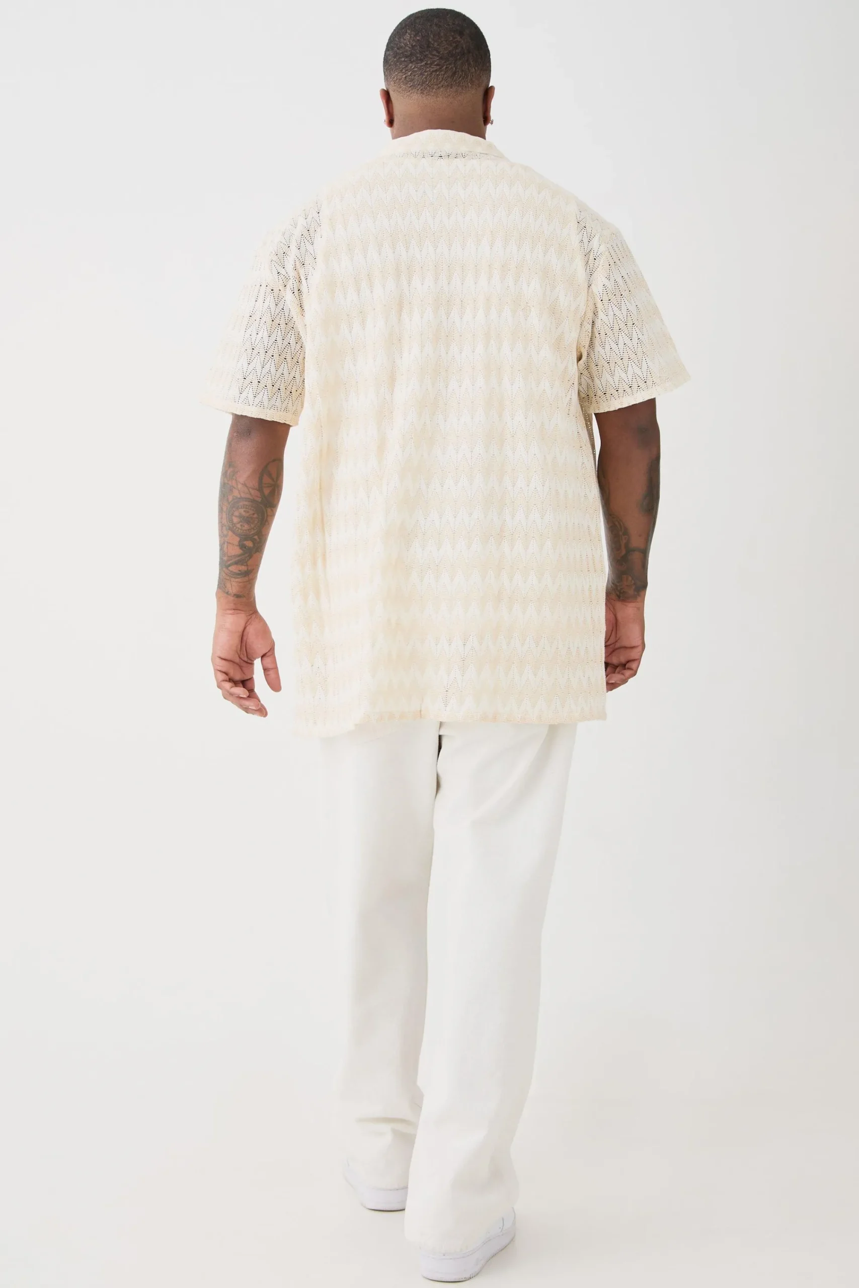 boohooMAN Plus Short Sleeve Oversized Revere Abstract Open Weave Shirt | UK| Shirts