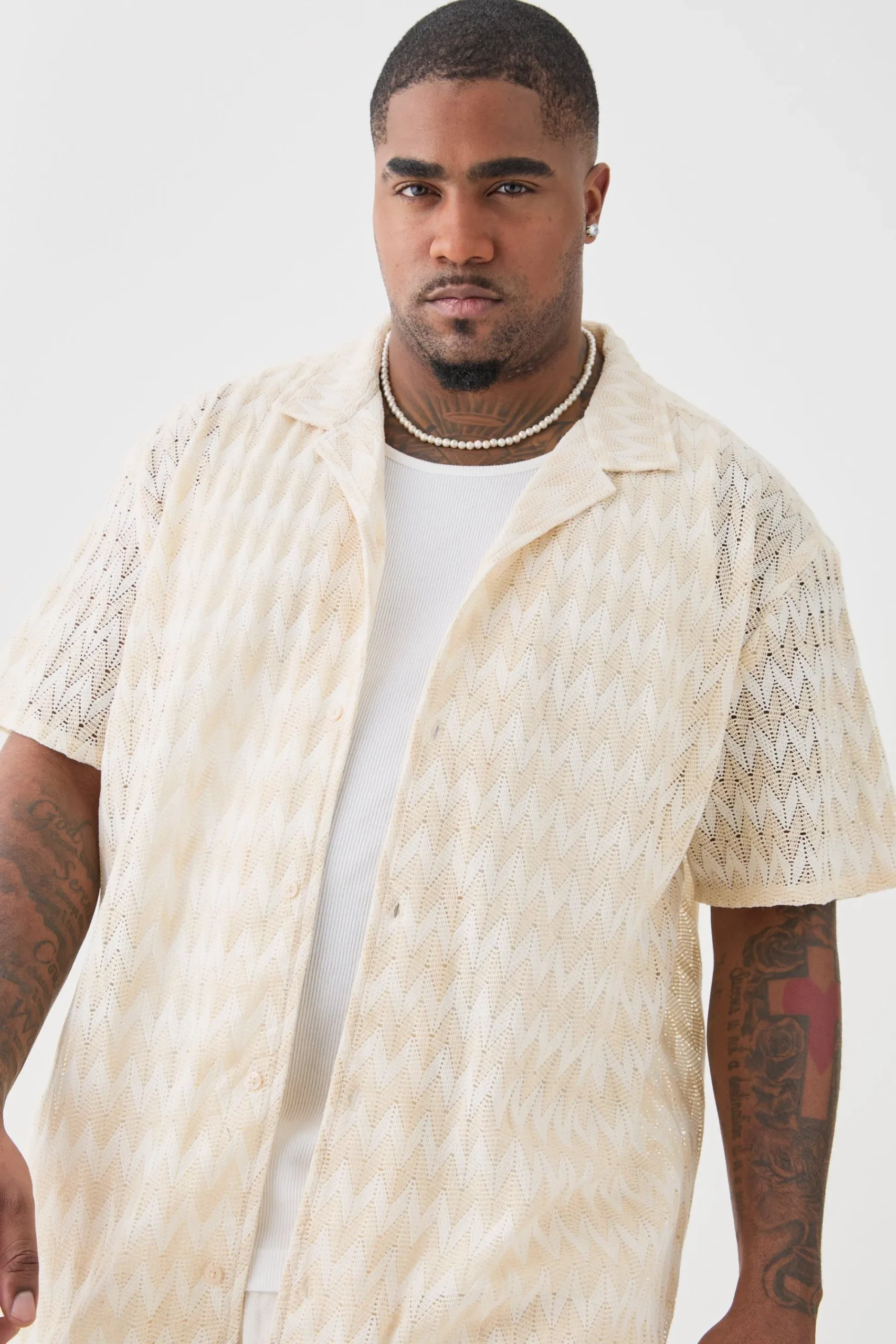 boohooMAN Plus Short Sleeve Oversized Revere Abstract Open Weave Shirt | UK| Shirts