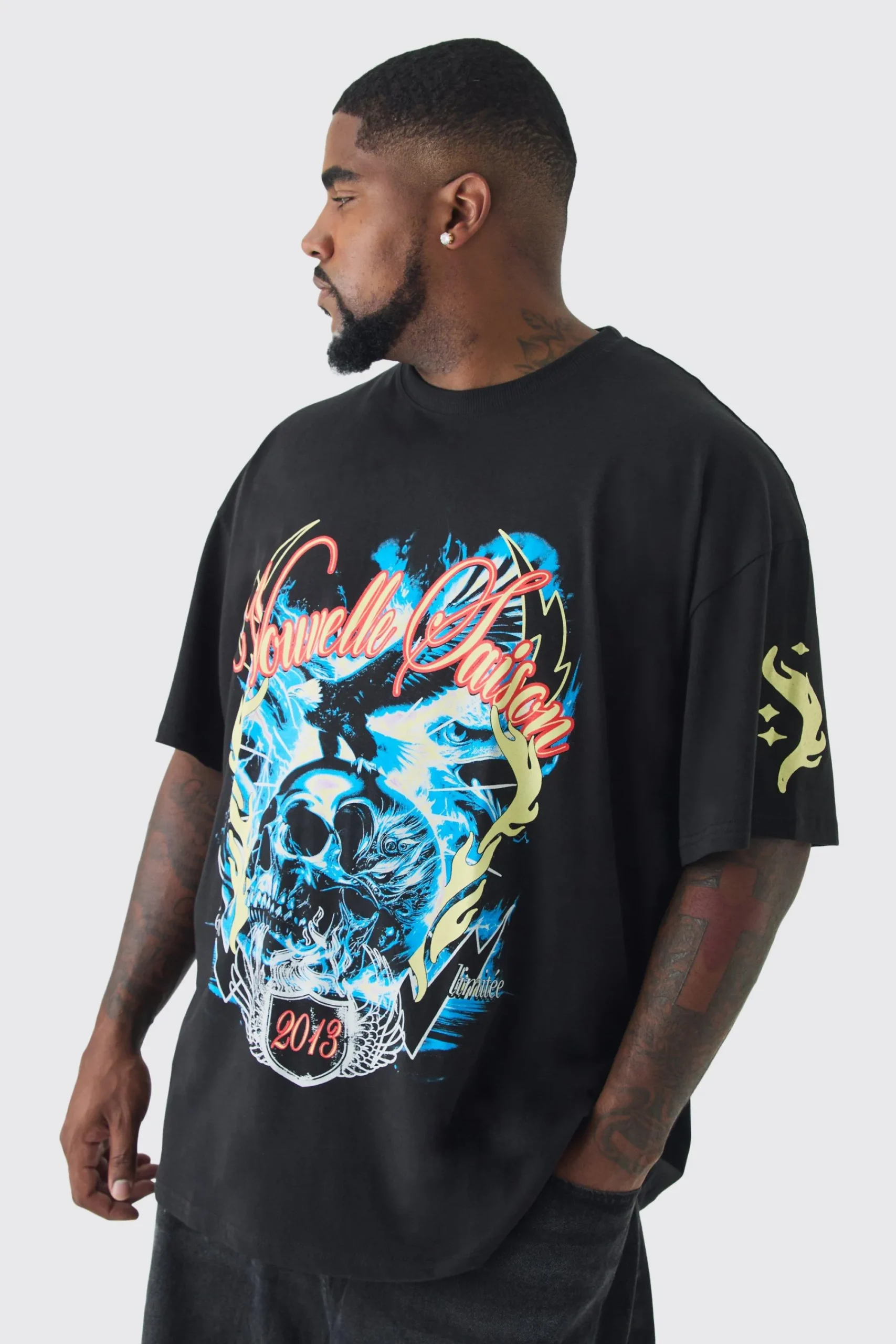 Plus Skull Flame Print Oversized T-shirt In | UK^boohooMAN New