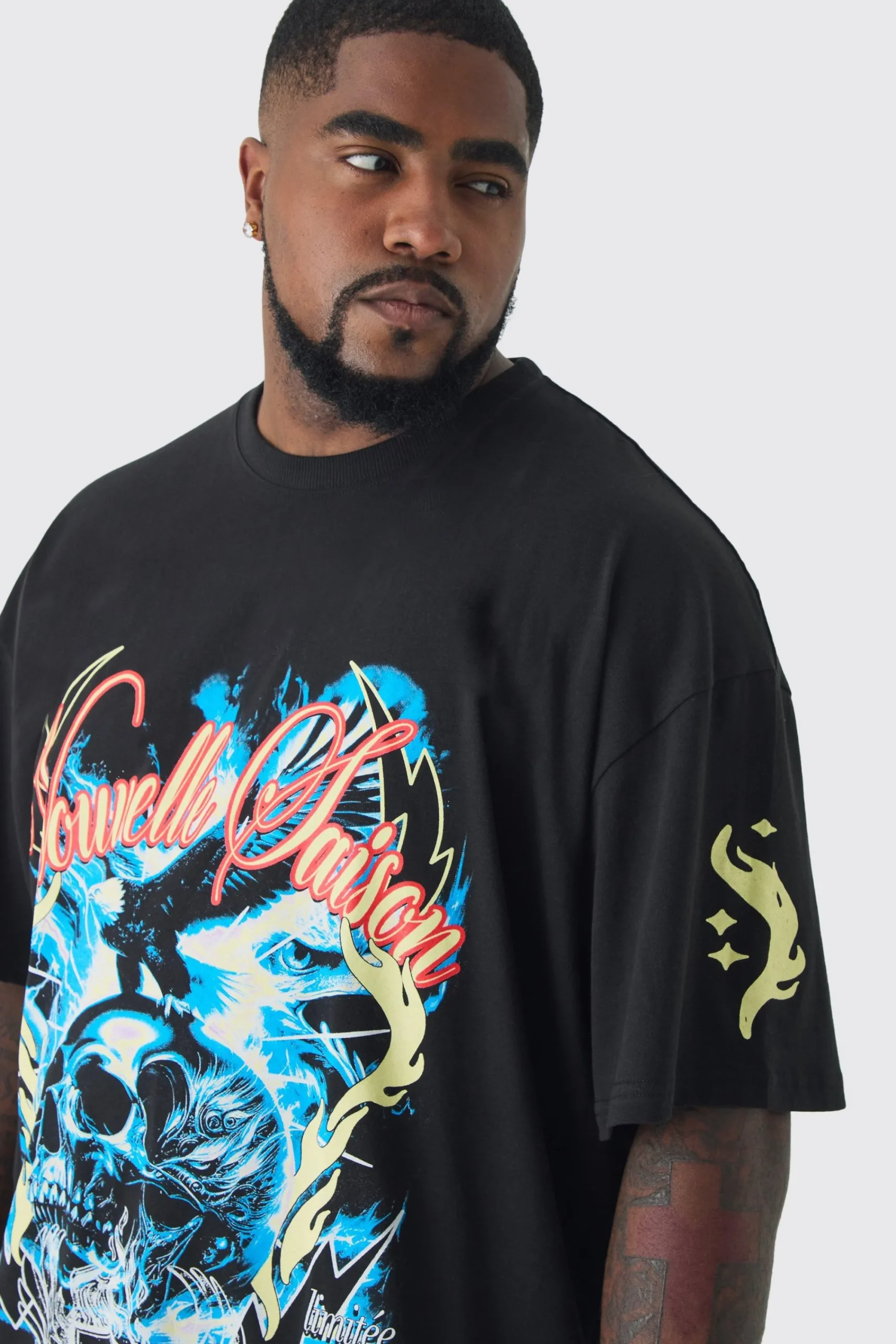 Plus Skull Flame Print Oversized T-shirt In | UK^boohooMAN New