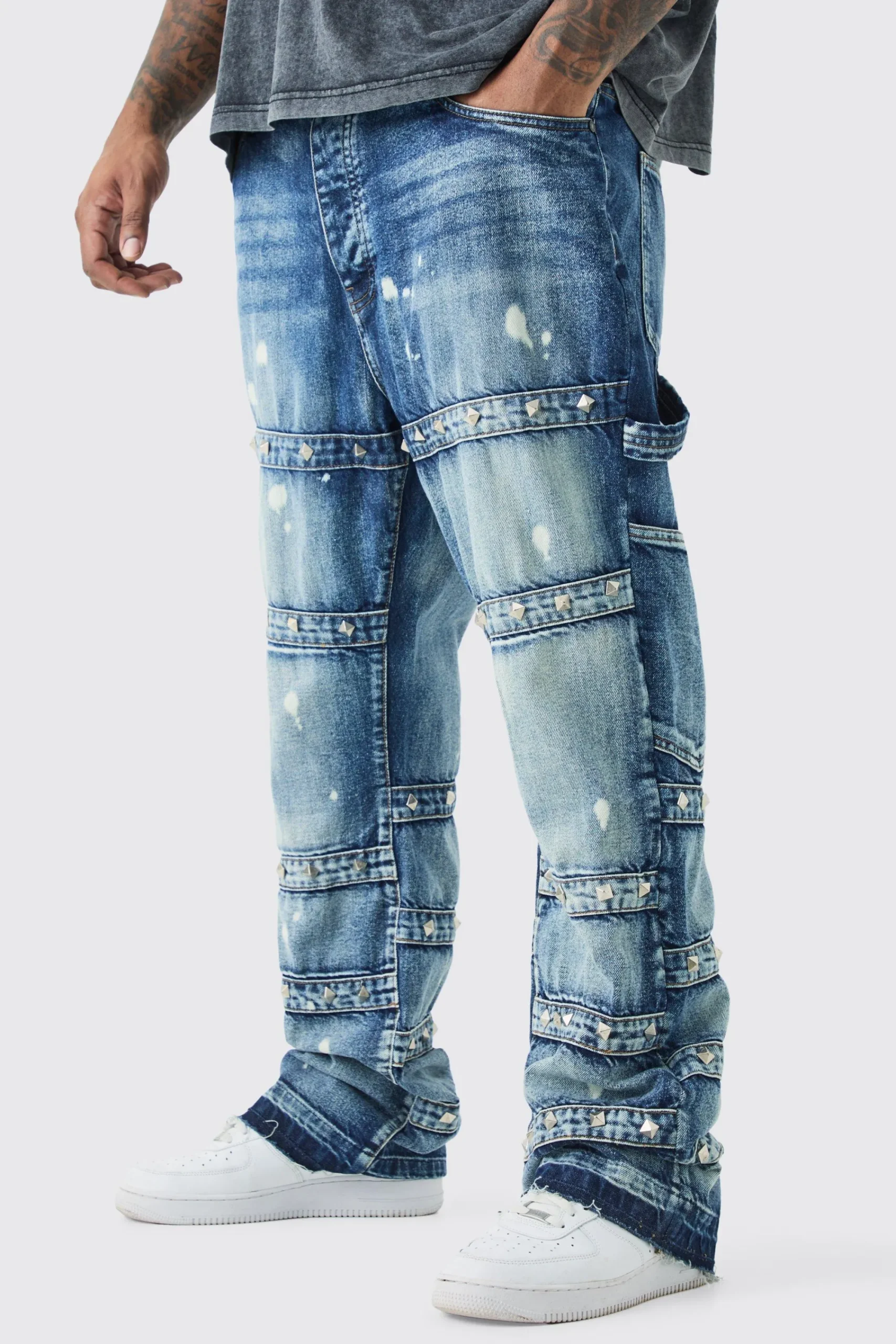 boohooMAN Plus Slim Rigid Flare Embellished Strap Detail Jeans | UK| Trousers|Jeans