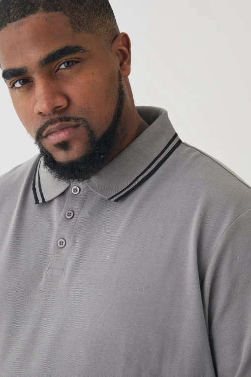 Plus Slim Tipped Pique Polo In Slate | UK^boohooMAN Sale