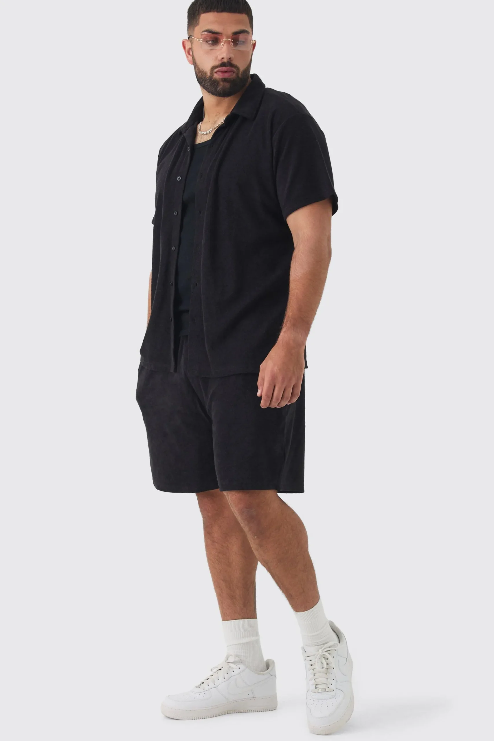 boohooMAN Plus Towelling Shirt & Short Set In | UK| Sets & Co-Ords|Tracksuits