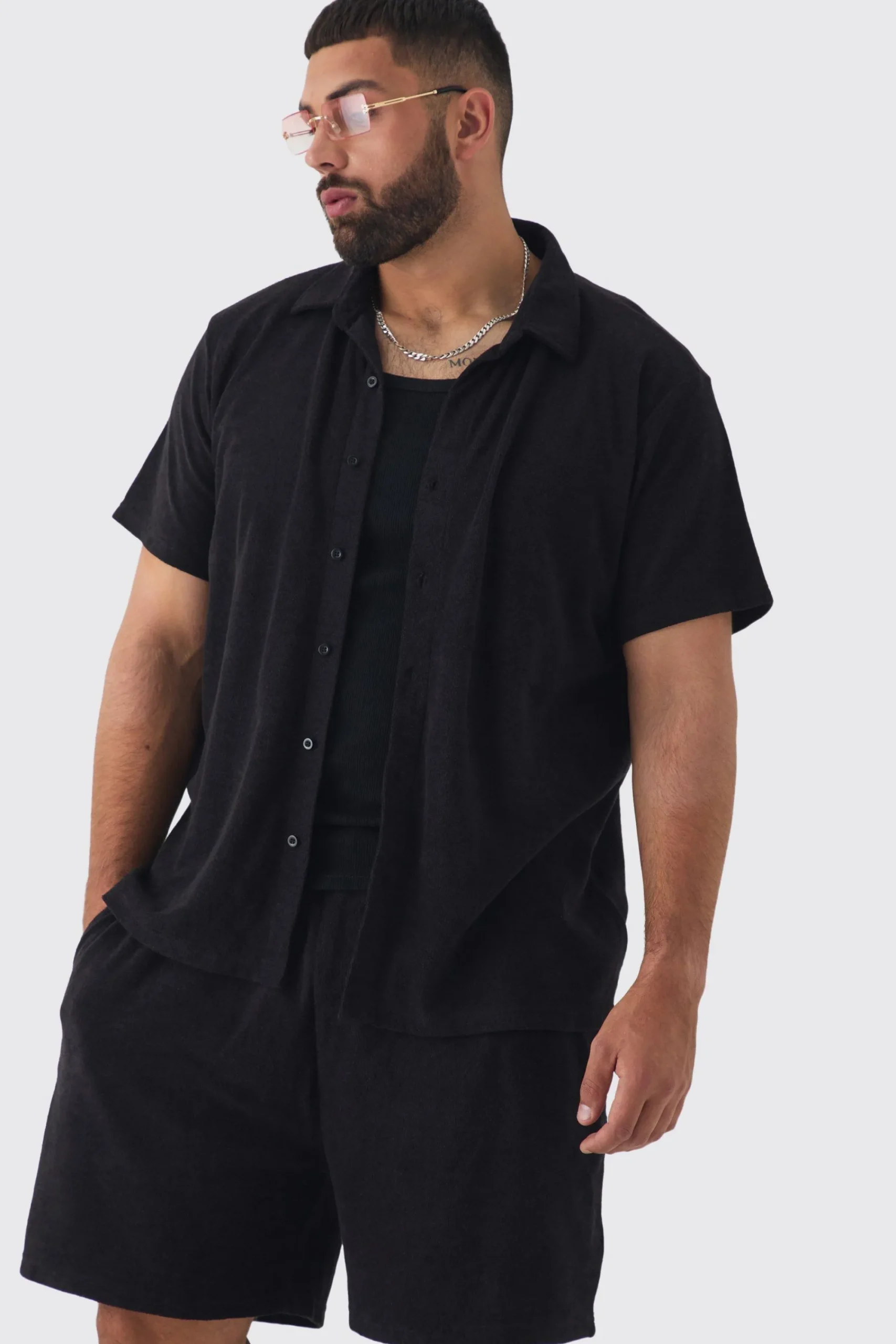 boohooMAN Plus Towelling Shirt & Short Set In | UK| Sets & Co-Ords|Tracksuits