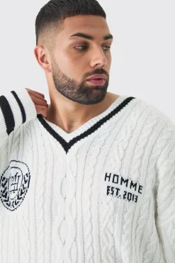 boohooMAN Plus V Neck Varsity Jumper | UK| Knitwear