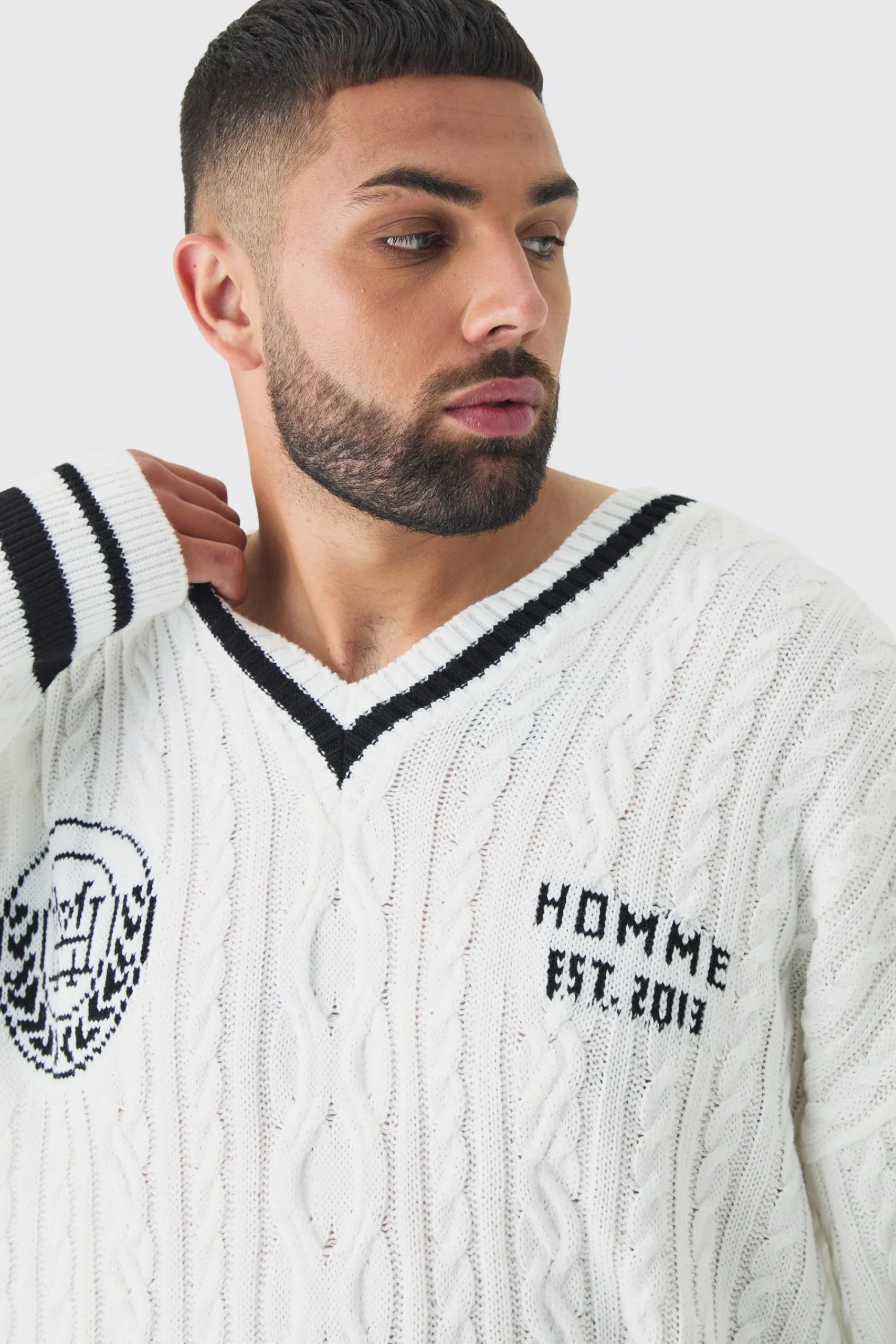 boohooMAN Plus V Neck Varsity Jumper | UK| Knitwear