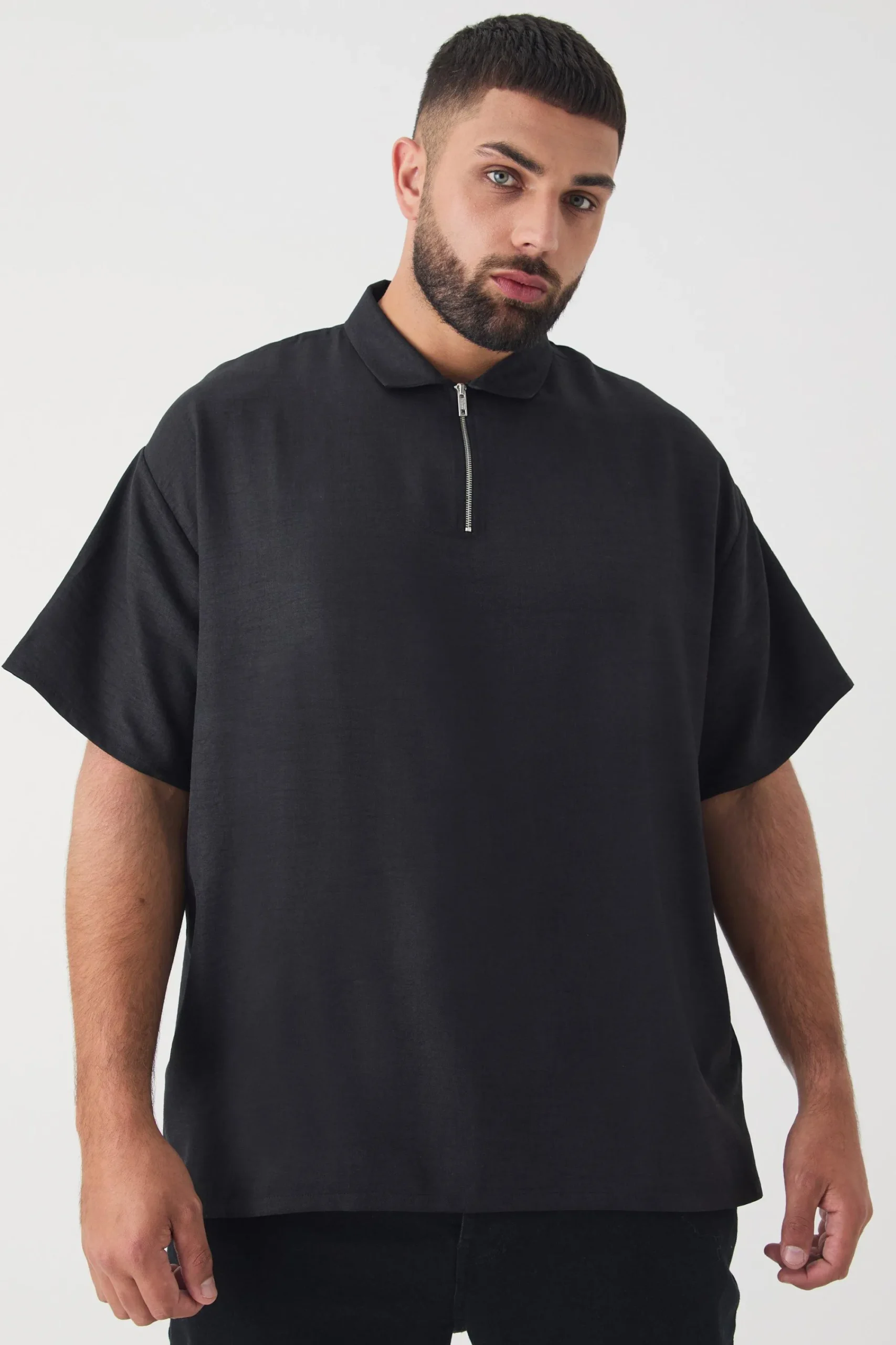 Plus Zip Up Linen Polo In | UK^boohooMAN Clearance