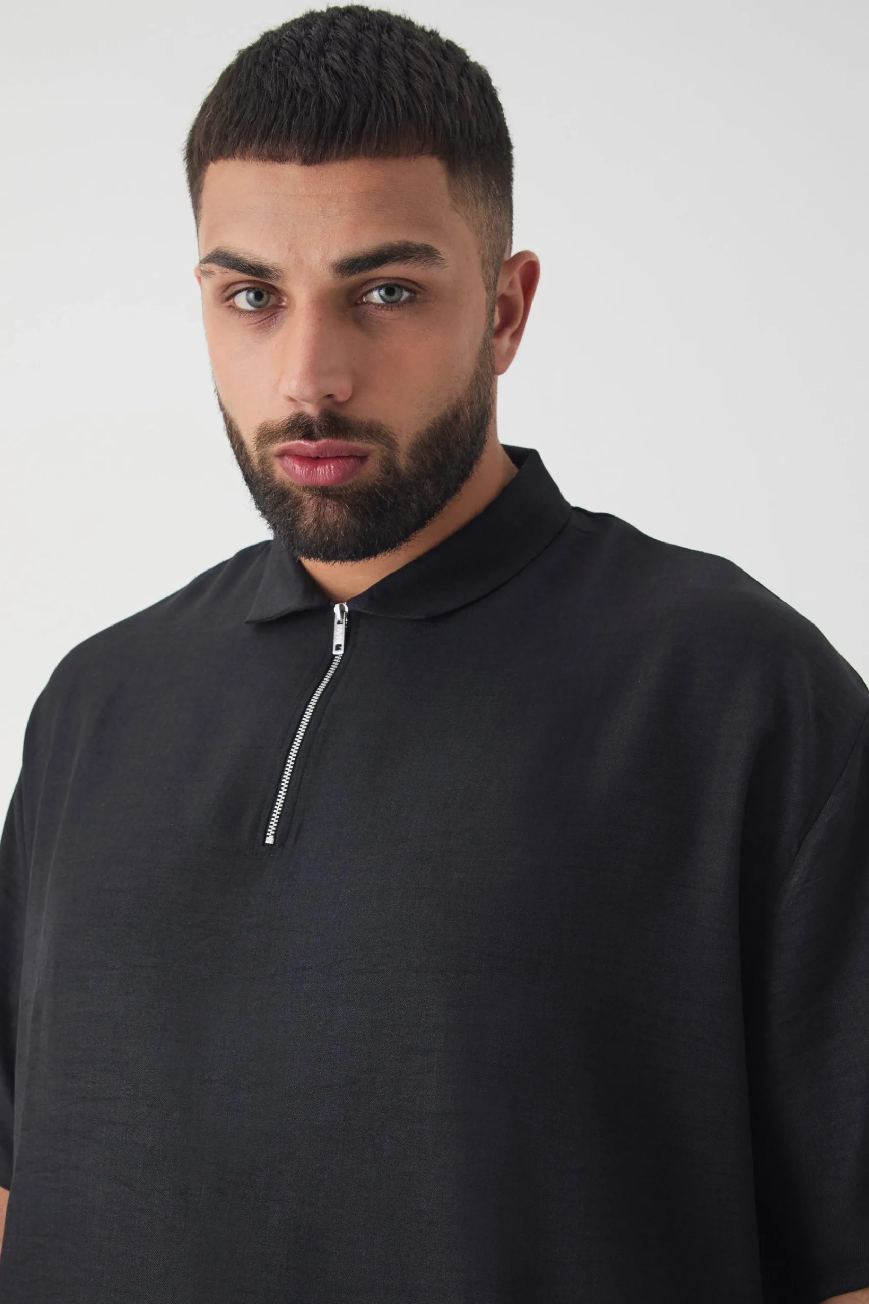 Plus Zip Up Linen Polo In | UK^boohooMAN Clearance