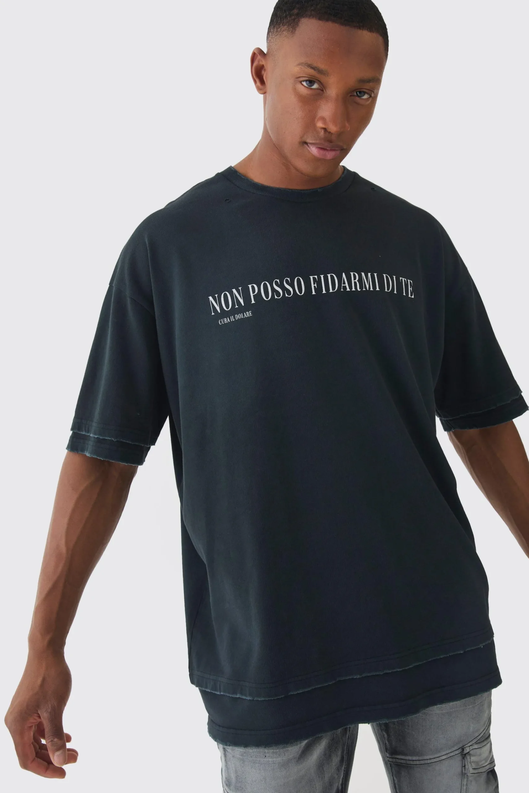 Premium Oversized Faux Layer Washed & Embroidered T-shirt | UK^boohooMAN Online