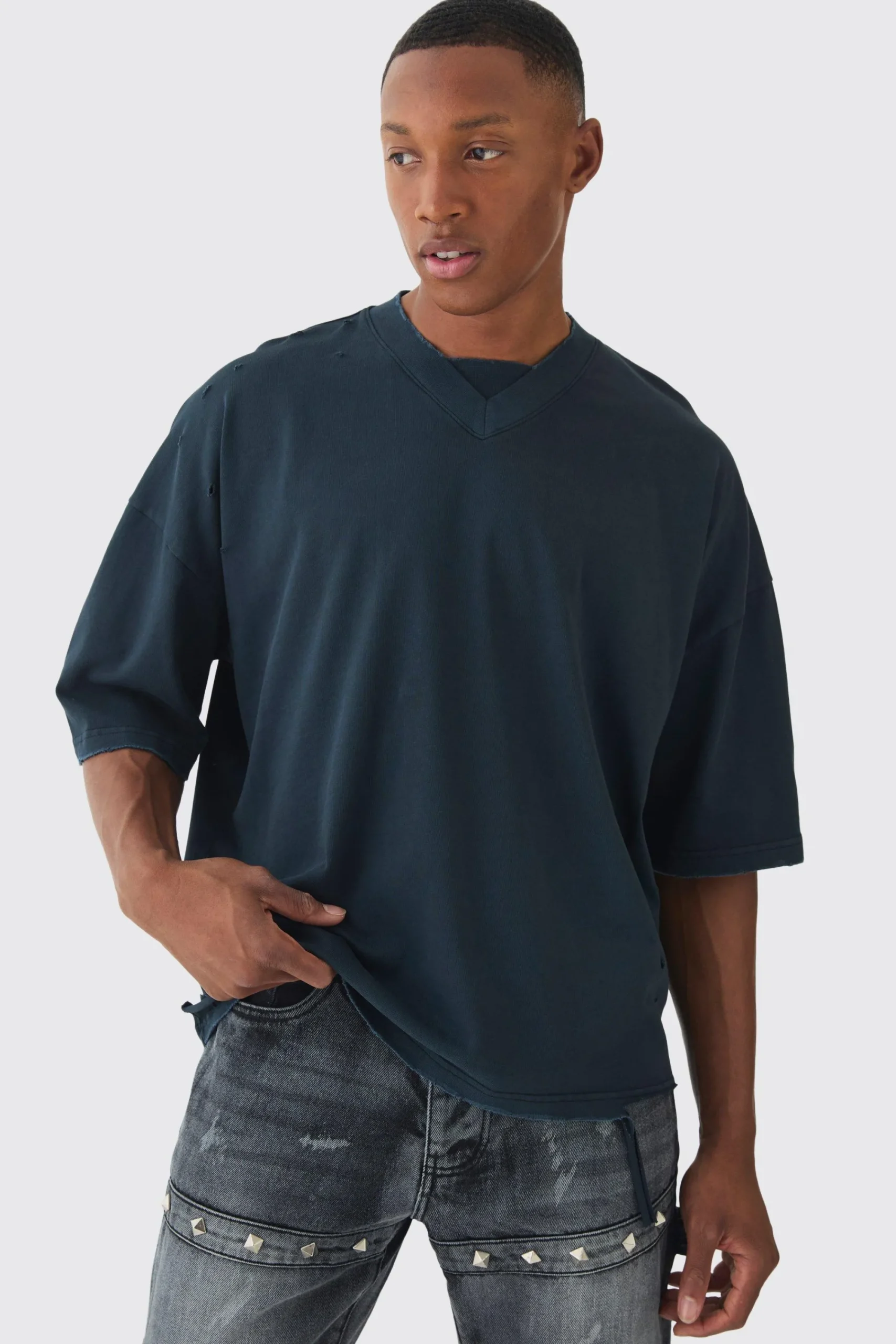 Premium Oversized V Neck Dropped Shoulder Top Stitched Washed T-shirt | UK^boohooMAN Hot