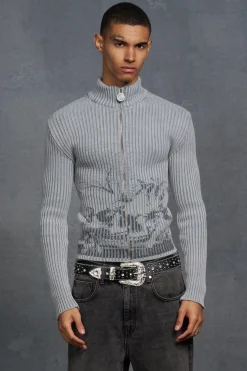boohooMAN P-Star Muscle Fit Acid Wash Rib Knit Skull Print Jumper | UK| Knitwear