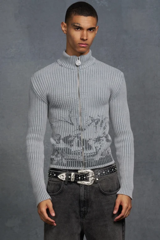 boohooMAN P-Star Muscle Fit Acid Wash Rib Knit Skull Print Jumper | UK| Knitwear