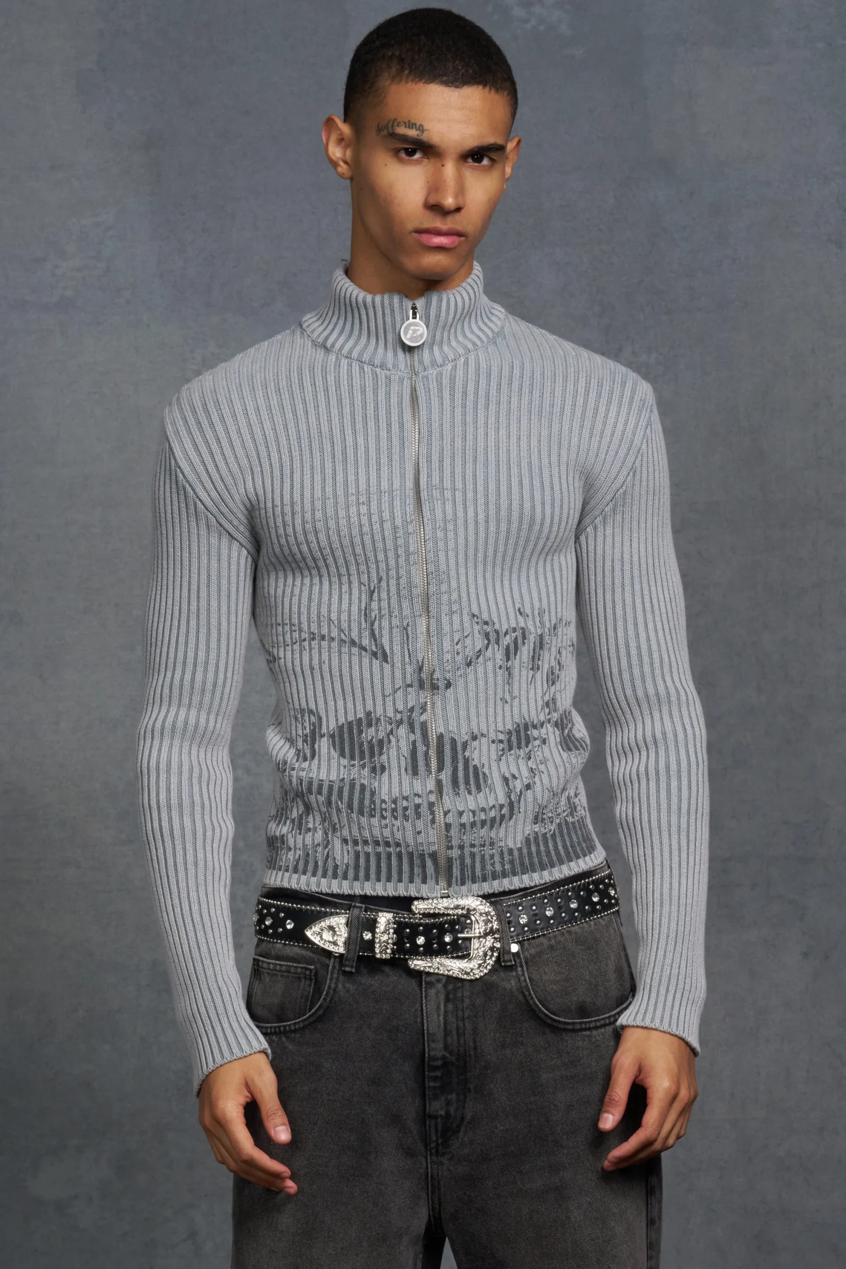 boohooMAN P-Star Muscle Fit Acid Wash Rib Knit Skull Print Jumper | UK| Knitwear