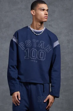 boohooMAN P-Star Oversized Cropped Sweatshirt With 100 Print | UK| Sets & Co-Ords|Hoodies & Sweatshirts