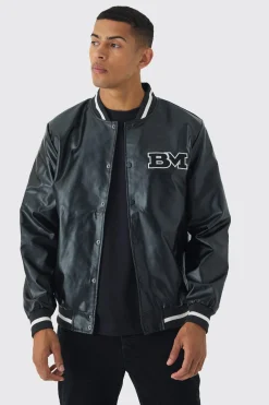 boohooMAN PU Badge Varsity Jacket In | UK| Coats & Jackets