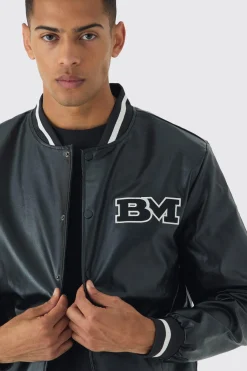boohooMAN PU Badge Varsity Jacket In | UK| Coats & Jackets