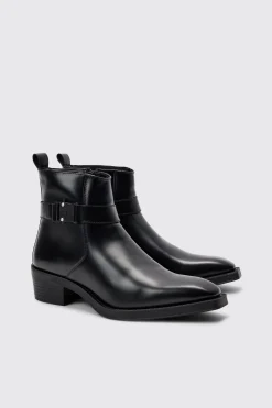 boohooMAN PU Square Toe Buckle Detail Boot In | UK| Boots