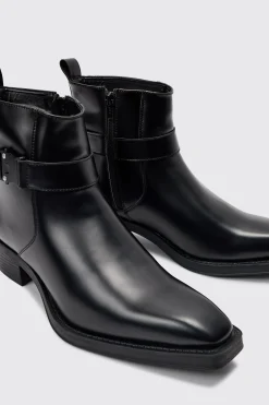 boohooMAN PU Square Toe Buckle Detail Boot In | UK| Boots