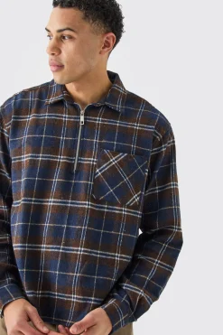 boohooMAN Quarter Zip Brushed Check Shirt | UK| Shirts