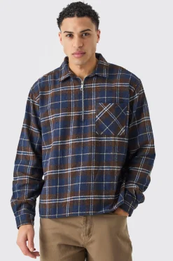 boohooMAN Quarter Zip Brushed Check Shirt | UK| Shirts
