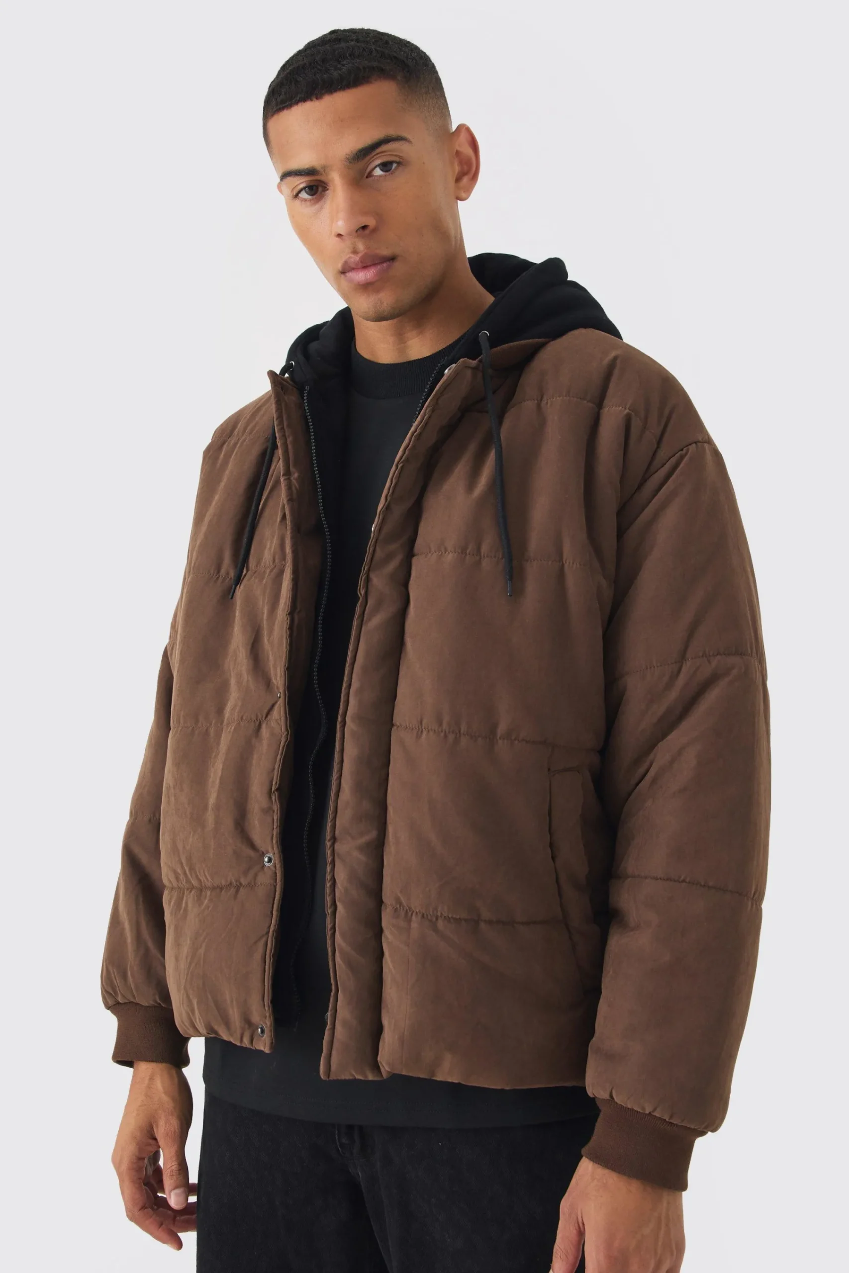 boohooMAN Quilted Hooded Faux Layer Bomber Jacket In | UK| Coats & Jackets