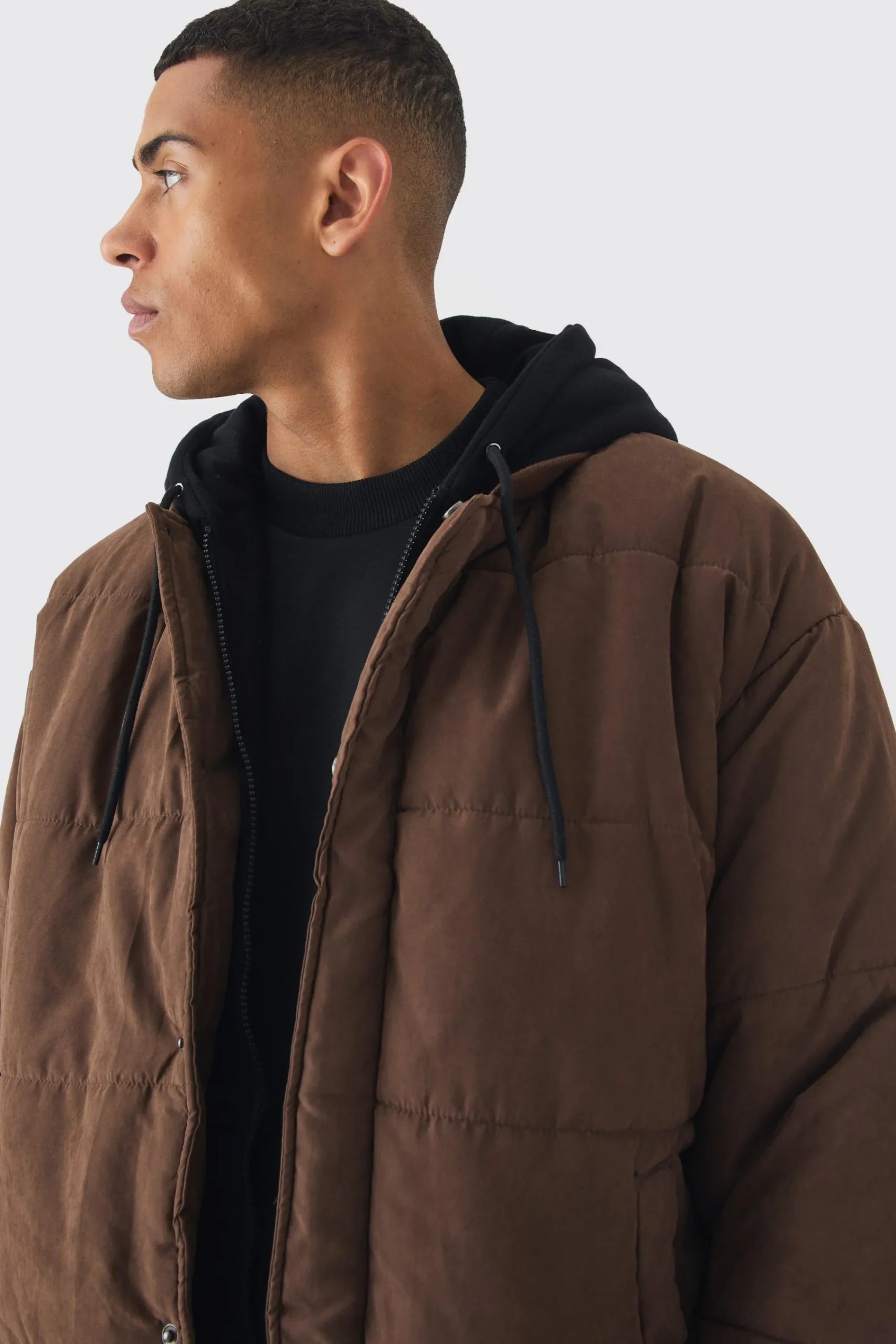 boohooMAN Quilted Hooded Faux Layer Bomber Jacket In | UK| Coats & Jackets