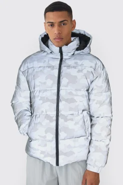 boohooMAN Reflective Camo Hooded Puffer Coat | UK| Coats & Jackets