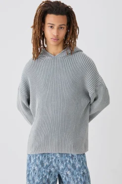 boohooMAN Regular Acid Wash Ribbed Knit Hoodie In | UK| Knitwear