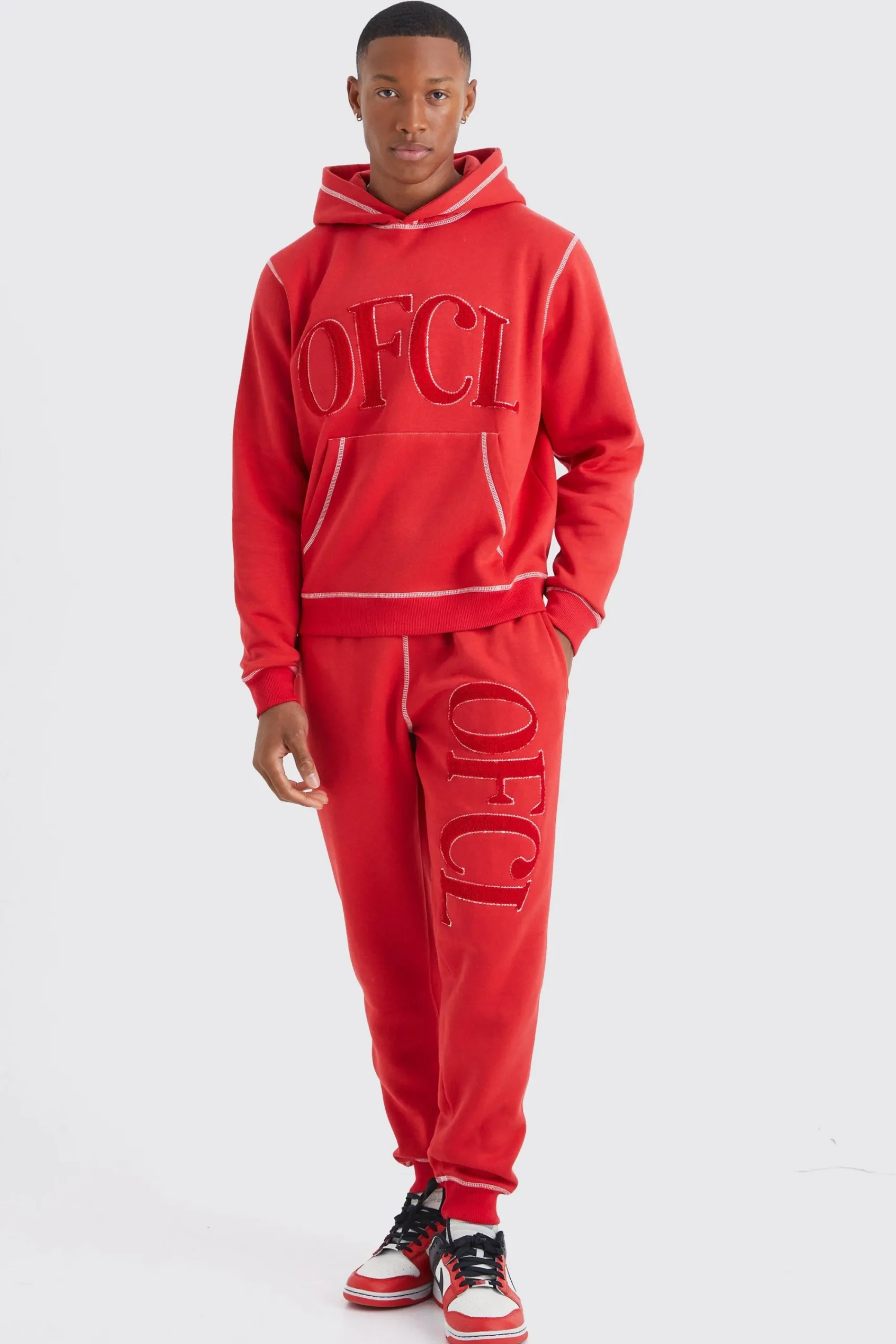 boohooMAN Regular Contrast Stitch Borg Applique Tracksuit | UK| Tracksuits