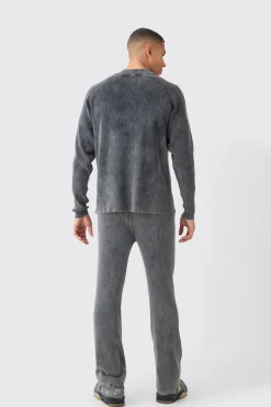 boohooMAN Regular Fit Acid Wash Ribbed Knitted Joggers | UK| Tracksuits