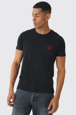Regular Fit Broken Heart Embroidered T-shirt | UK^boohooMAN Online