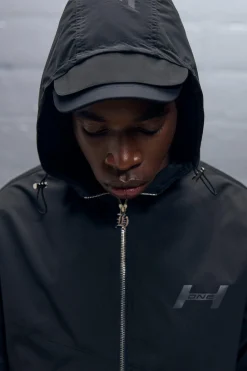 Regular Fit Crinkle Nylon Panelled Funnel Neck Hoodie | UK^boohooMAN New