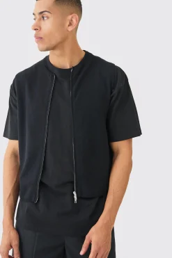 Regular Fit Dual Zip Bomber Knitted Gilet | UK^boohooMAN Hot