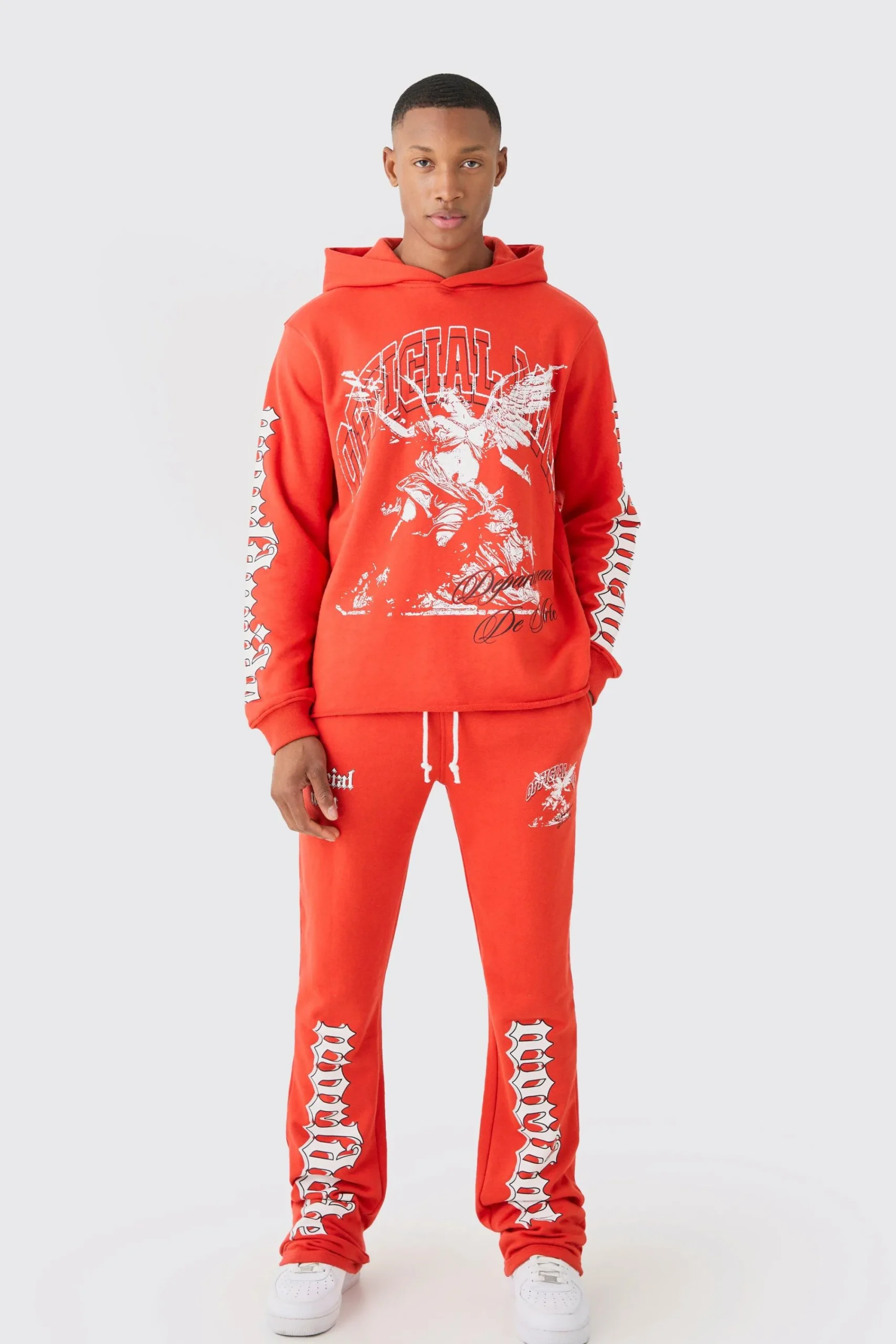 boohooMAN Regular Fit Large Graphic Raw Hem Fla Tracksuit | UK| Tracksuits