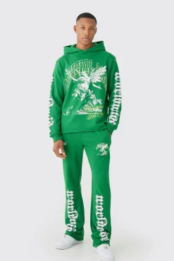 boohooMAN Regular Fit Large Graphic Raw Hem Flared Tracksuit | UK| Tracksuits