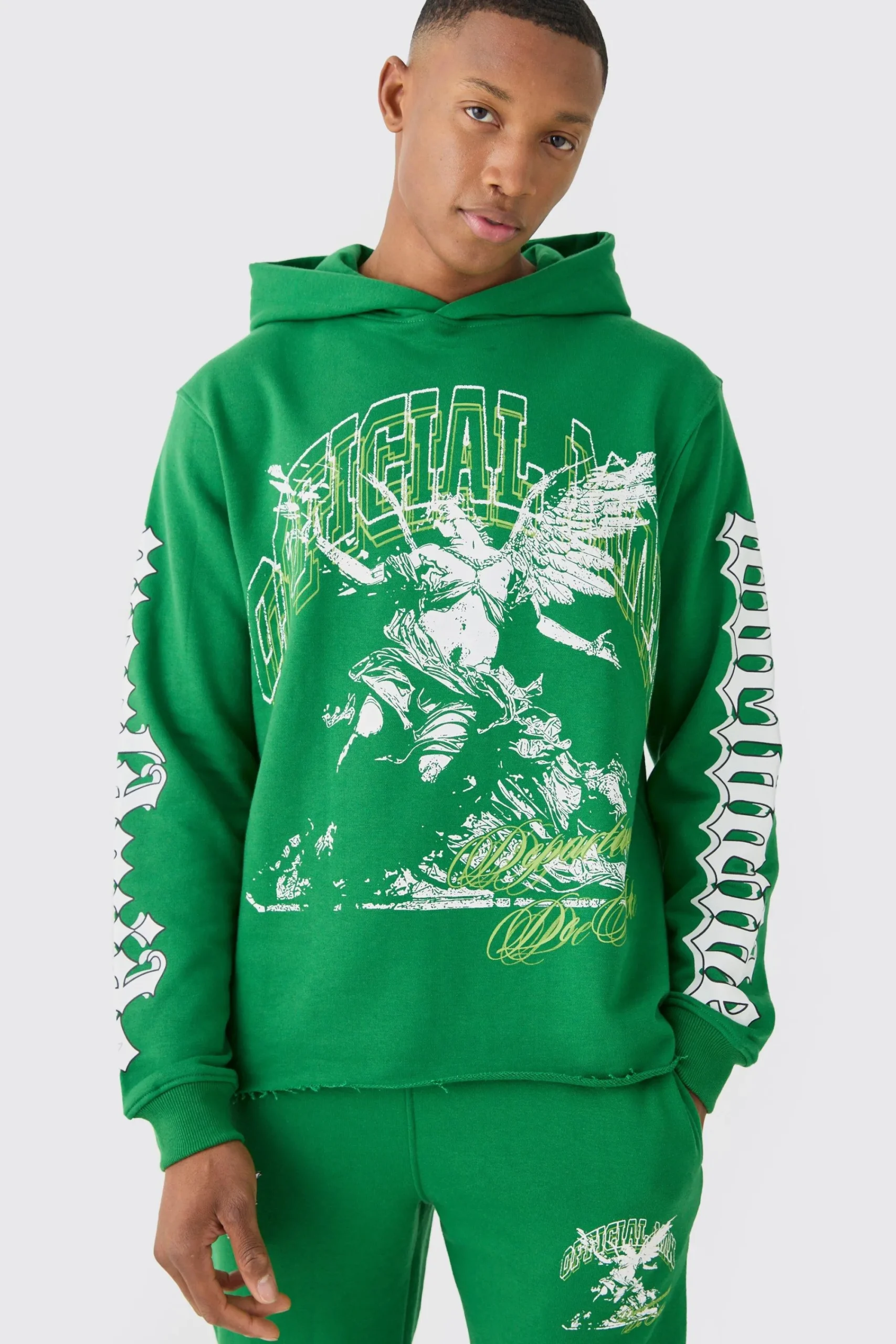 boohooMAN Regular Fit Large Graphic Raw Hem Flared Tracksuit | UK| Tracksuits