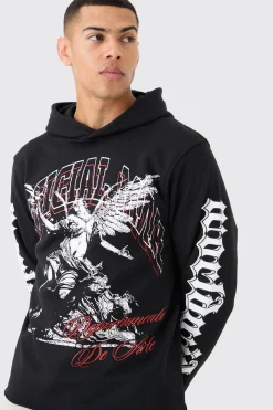 boohooMAN Regular Fit Large Graphic Raw Hem Hoodie | UK| Hoodies & Sweatshirts