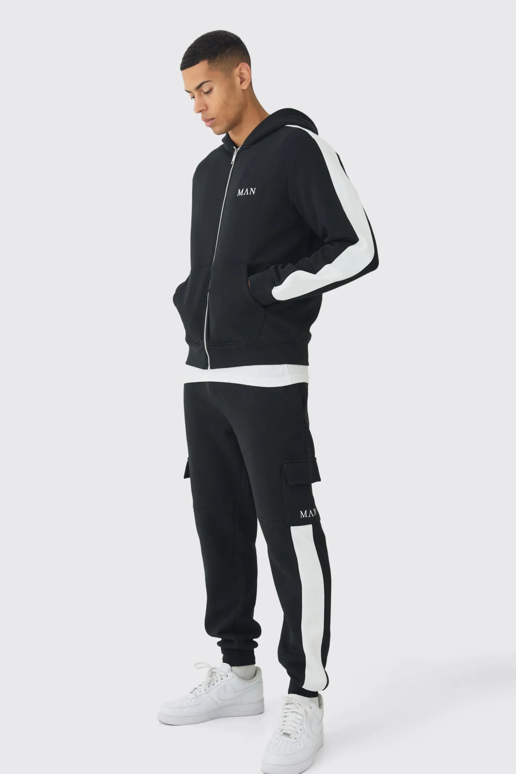 boohooMAN Regular Fit MAN Colour Block Cargo Pocket Zip Through Hooded Tracksuit | UK| Tracksuits