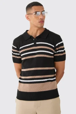 boohooMAN Regular Fit Stripe Open Stitch Polo | UK| Knitwear