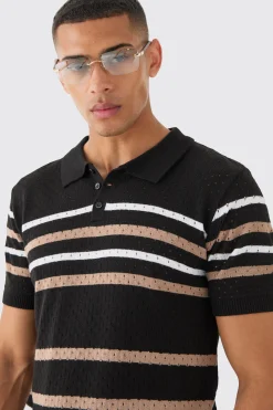 boohooMAN Regular Fit Stripe Open Stitch Polo | UK| Knitwear