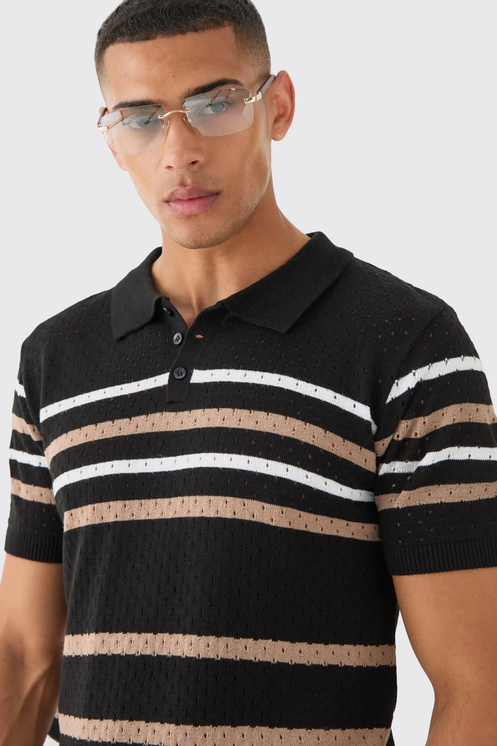 boohooMAN Regular Fit Stripe Open Stitch Polo | UK| Knitwear