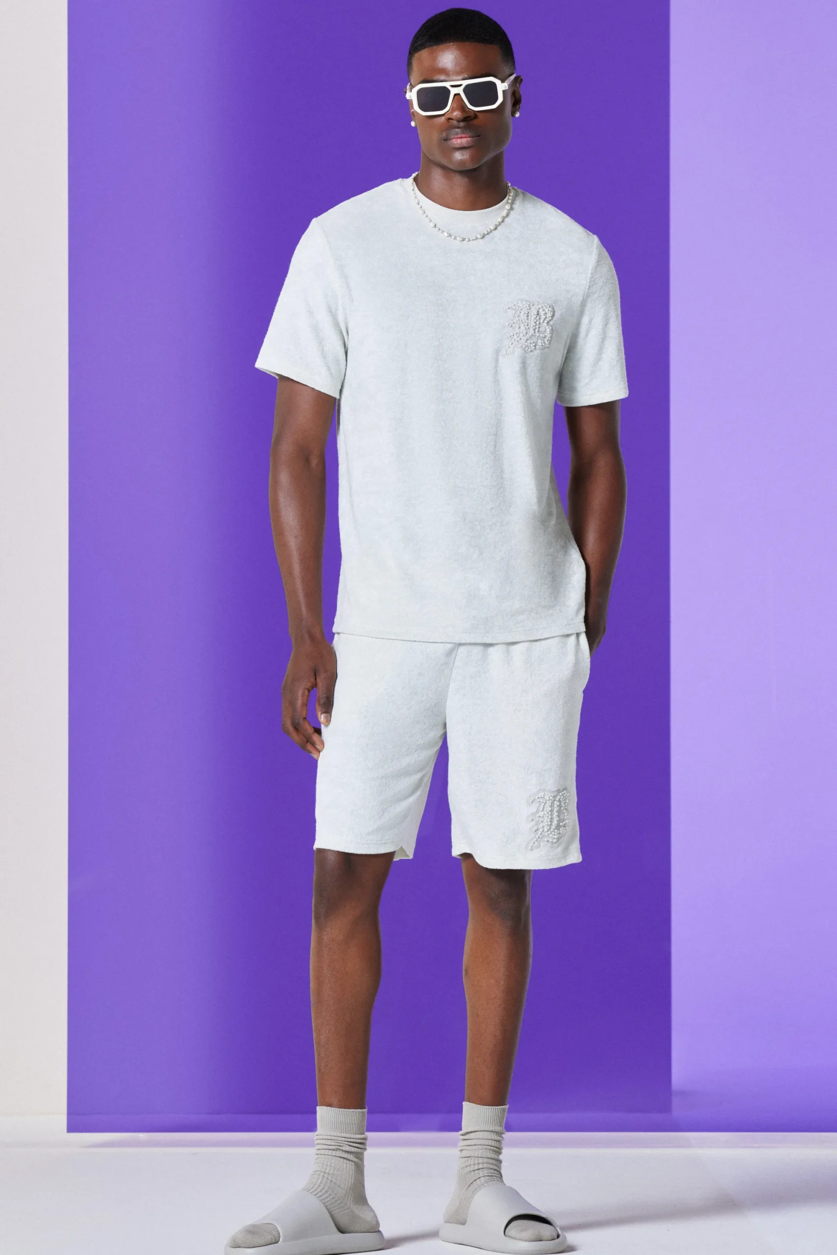 boohooMAN Regular Fit Towelling Pearl Embroidered T-shirt And Short Set | UK| Tracksuits